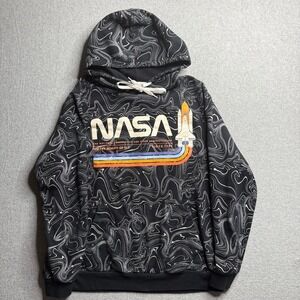 NASA Space Shuttle Graphic Hoodie Mens L Black Marble Swirl Pullover